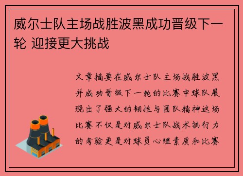 威尔士队主场战胜波黑成功晋级下一轮 迎接更大挑战