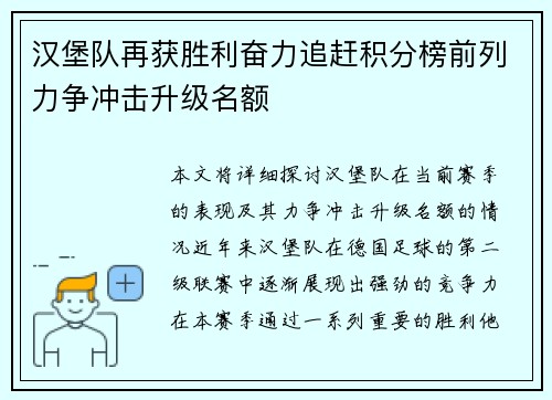 汉堡队再获胜利奋力追赶积分榜前列力争冲击升级名额